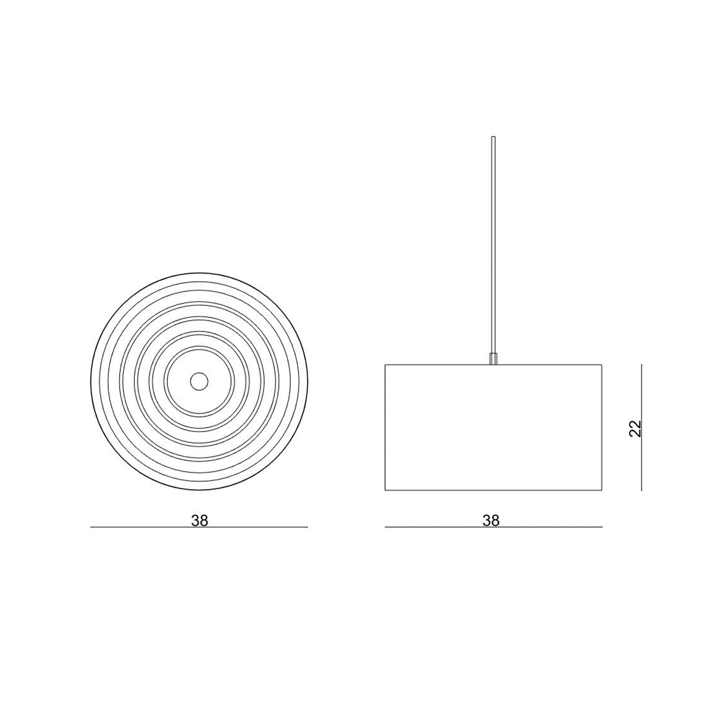 A technical line drawing with measurements for Lozi's Round Lamp