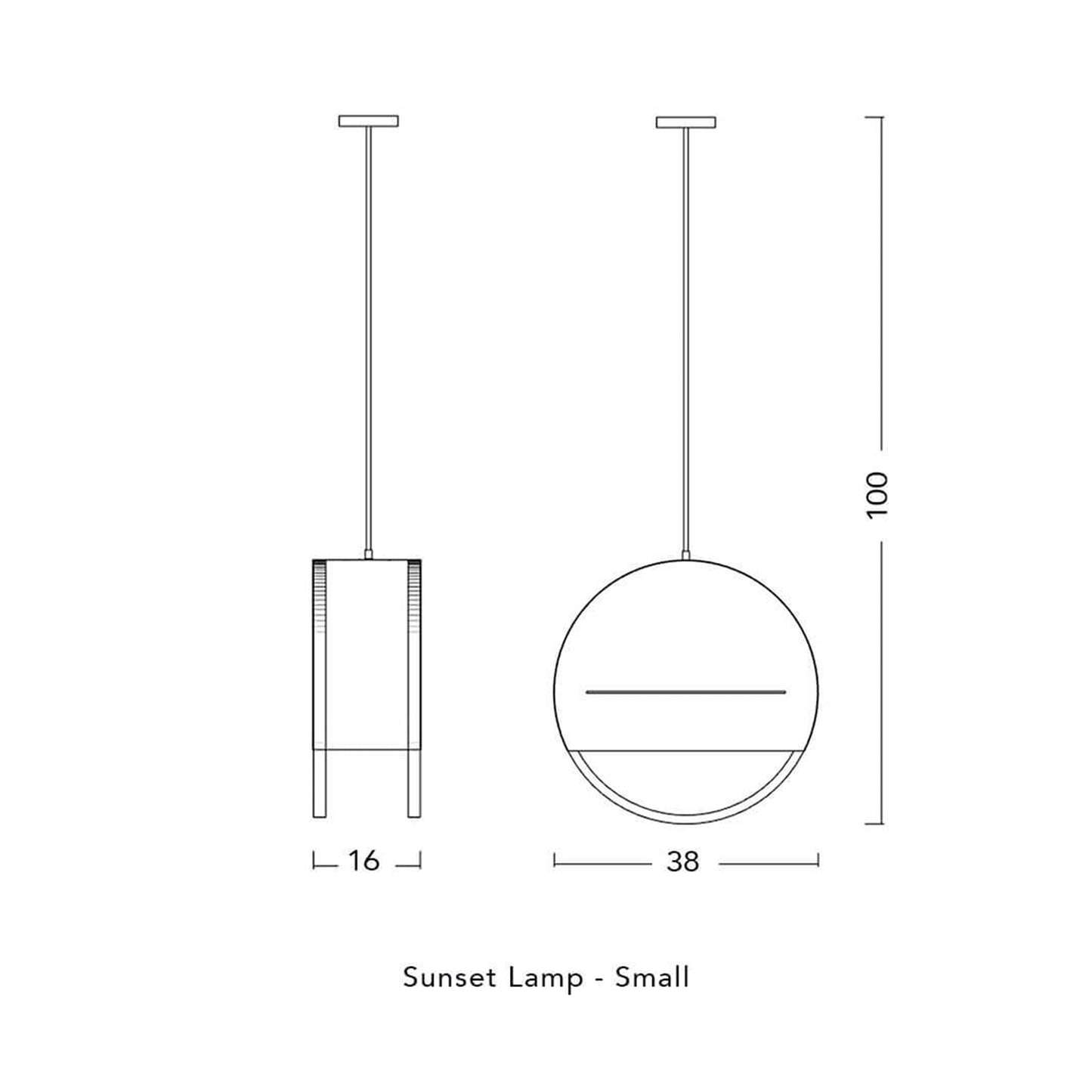Technical drawing of Lozi's Sunset Lamp in the medium size with dimensions on a white background
