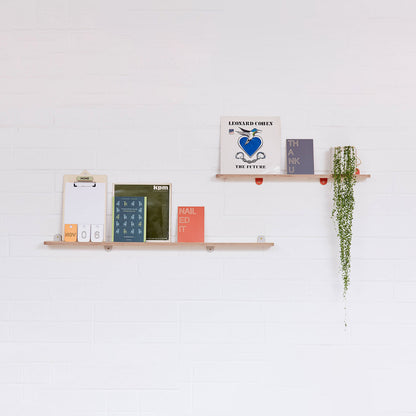 A pair of Lozi's plywood display shelves on a white brick background