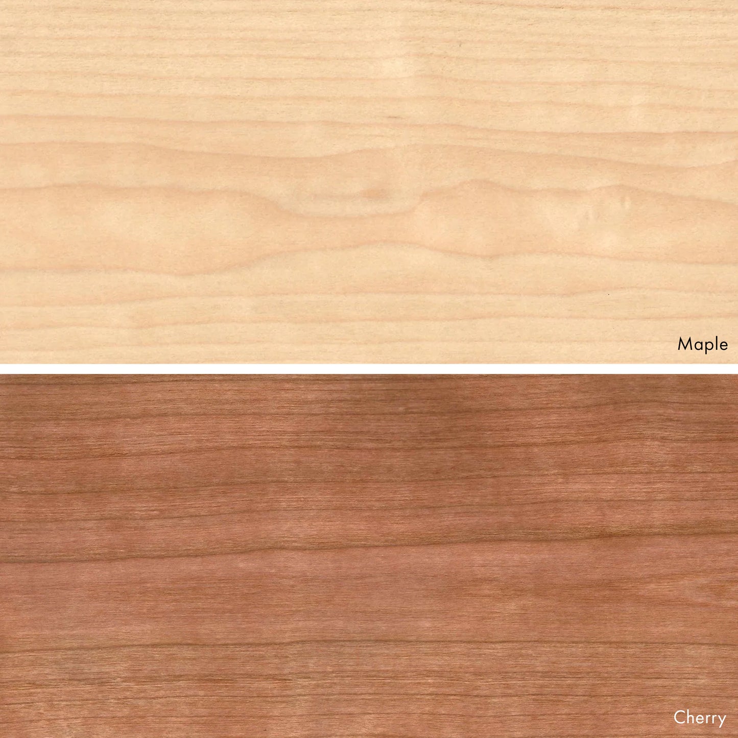 Close ups of the two hardwood veneers available for Lozi's Wave Beam lamp: Maple and Cherry
