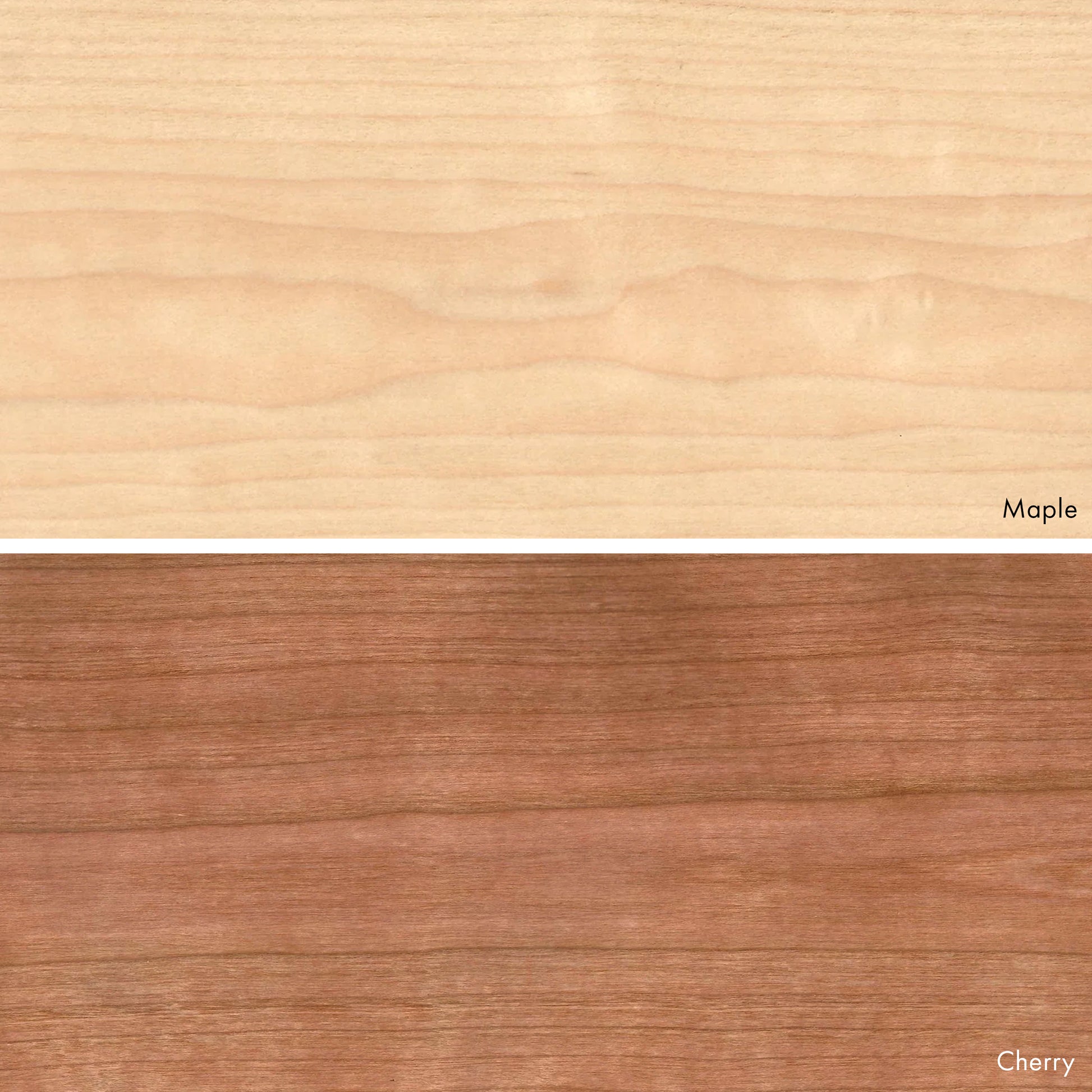 Close ups of the two hardwood veneers available for Lozi's Wave Beam lamp: Maple and Cherry
