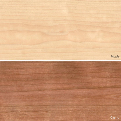 Close ups of the two hardwood veneers available for Lozi's Wave Beam lamp: Maple and Cherry
