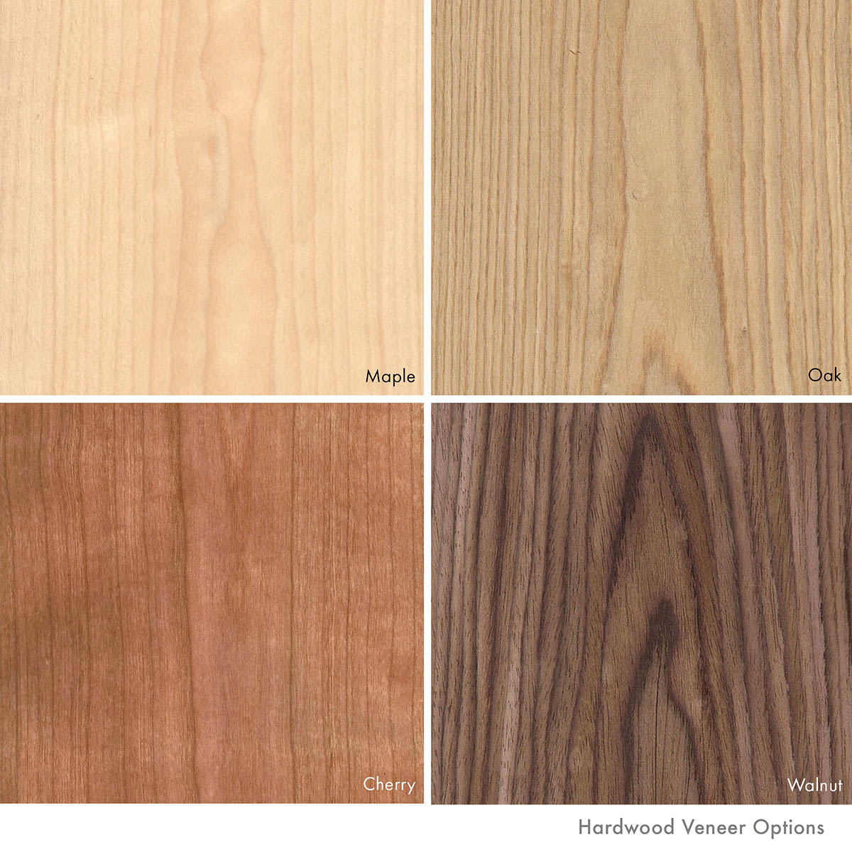 Close ups of the four hardwood veneers available from Lozi's furniture company: Maple, Oak, Cherry and Walnut