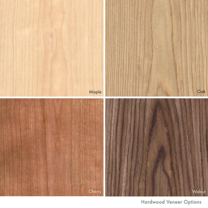 Close ups of the four hardwood veneers available from Lozi's furniture company: Maple, Oak, Cherry and Walnut